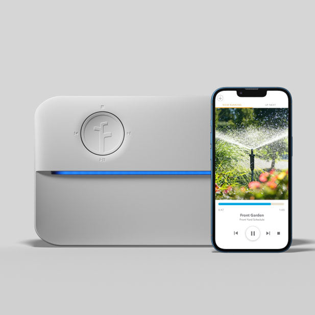 Rachio controller and smart phone showing free Rachio App features.